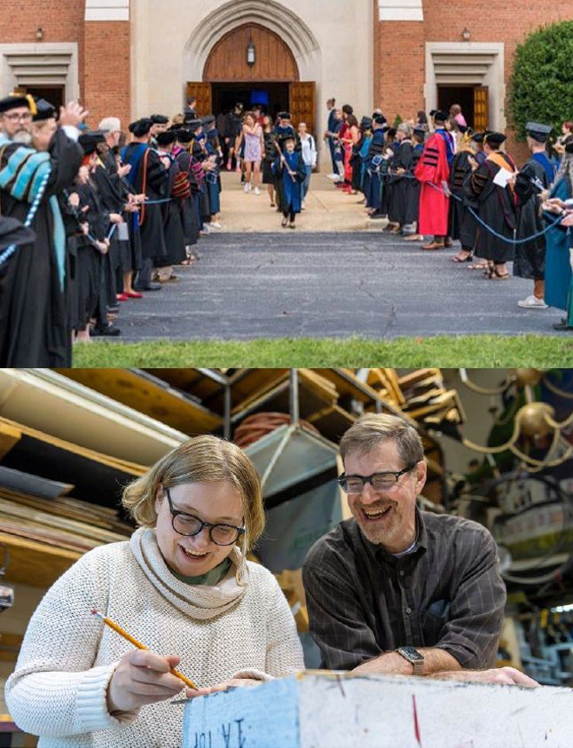 Faculty exiting the chapel with faculty and staff lined up on each side