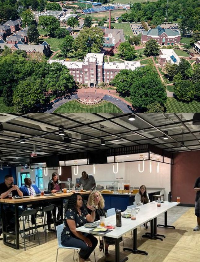 Aerial photo of Hedrick Building and a photo of people in a classroom sharing ideas