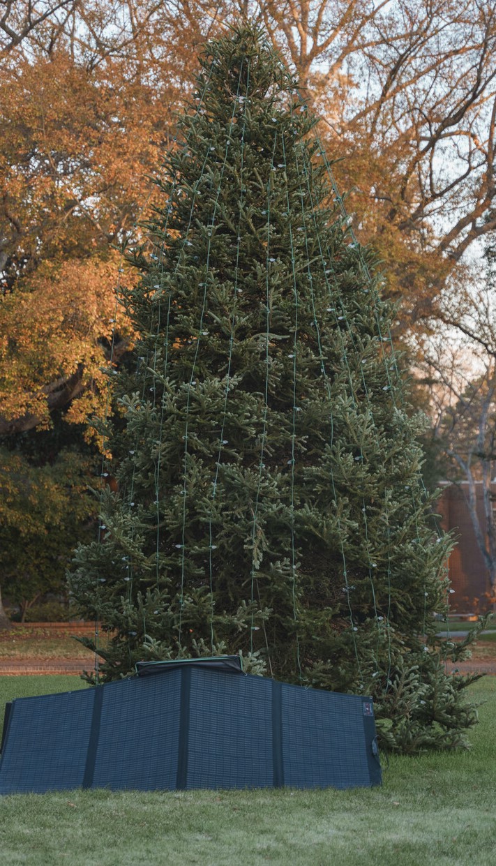 Catawba's Christmas tree showing the solar panels used to power the lights