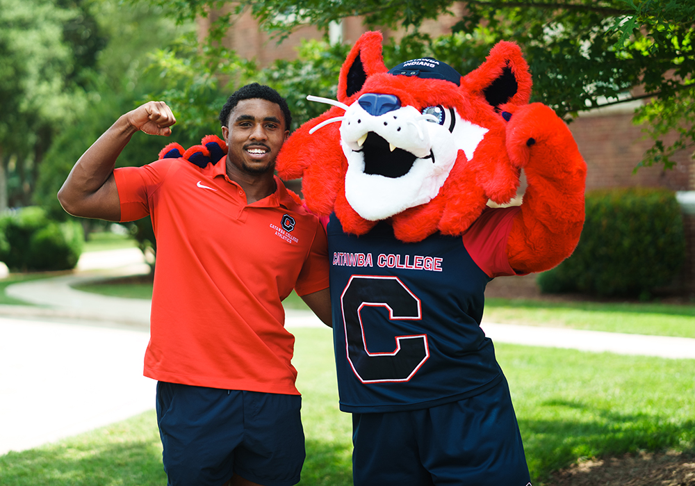 Jadan Martin '26 with Blue, Catawba's Mascot