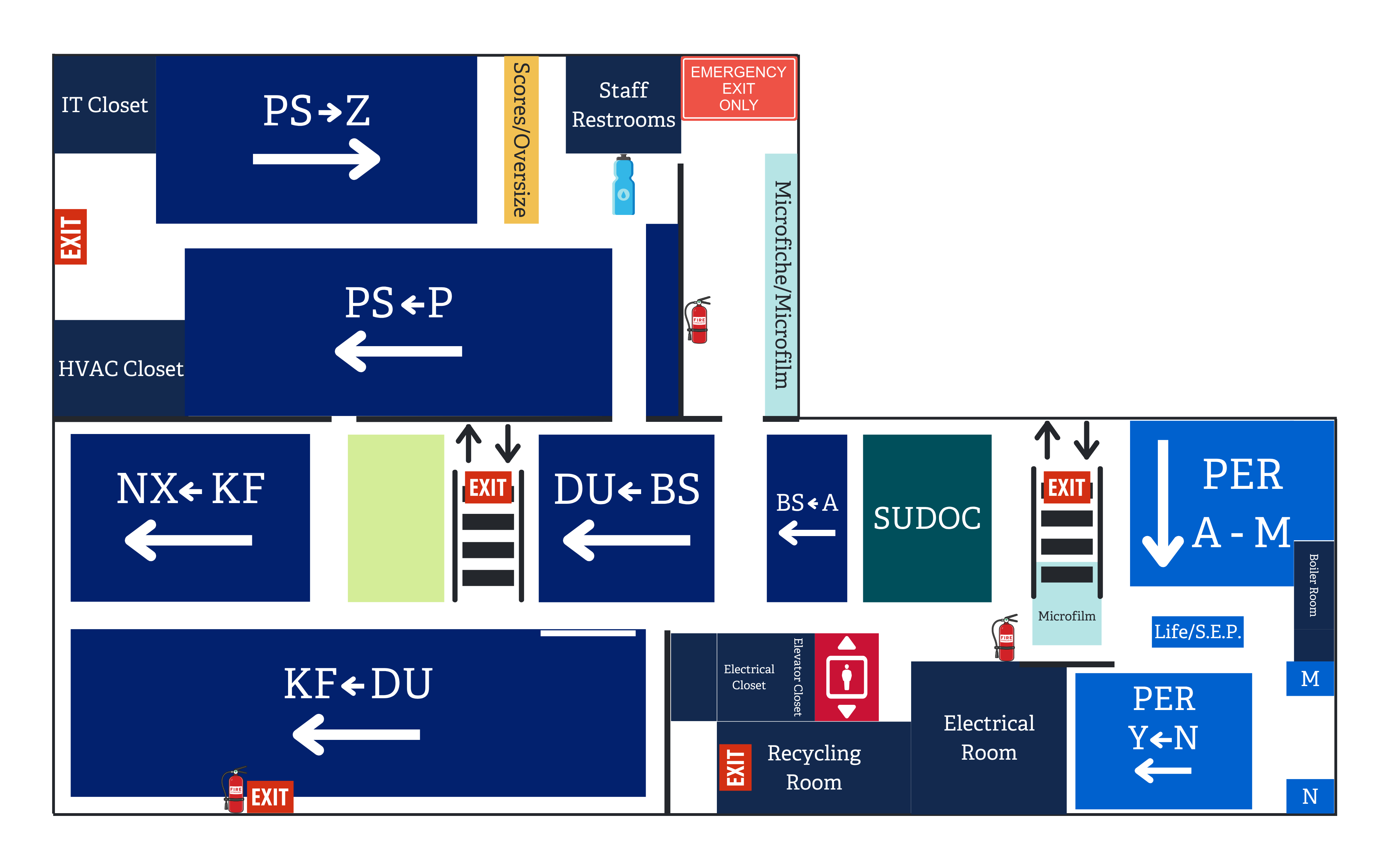 A map of the library basement in various colors of green, red, yellow and blue, with symbols denoting items like fire extinguishers, elevator, exits, and water fountain.