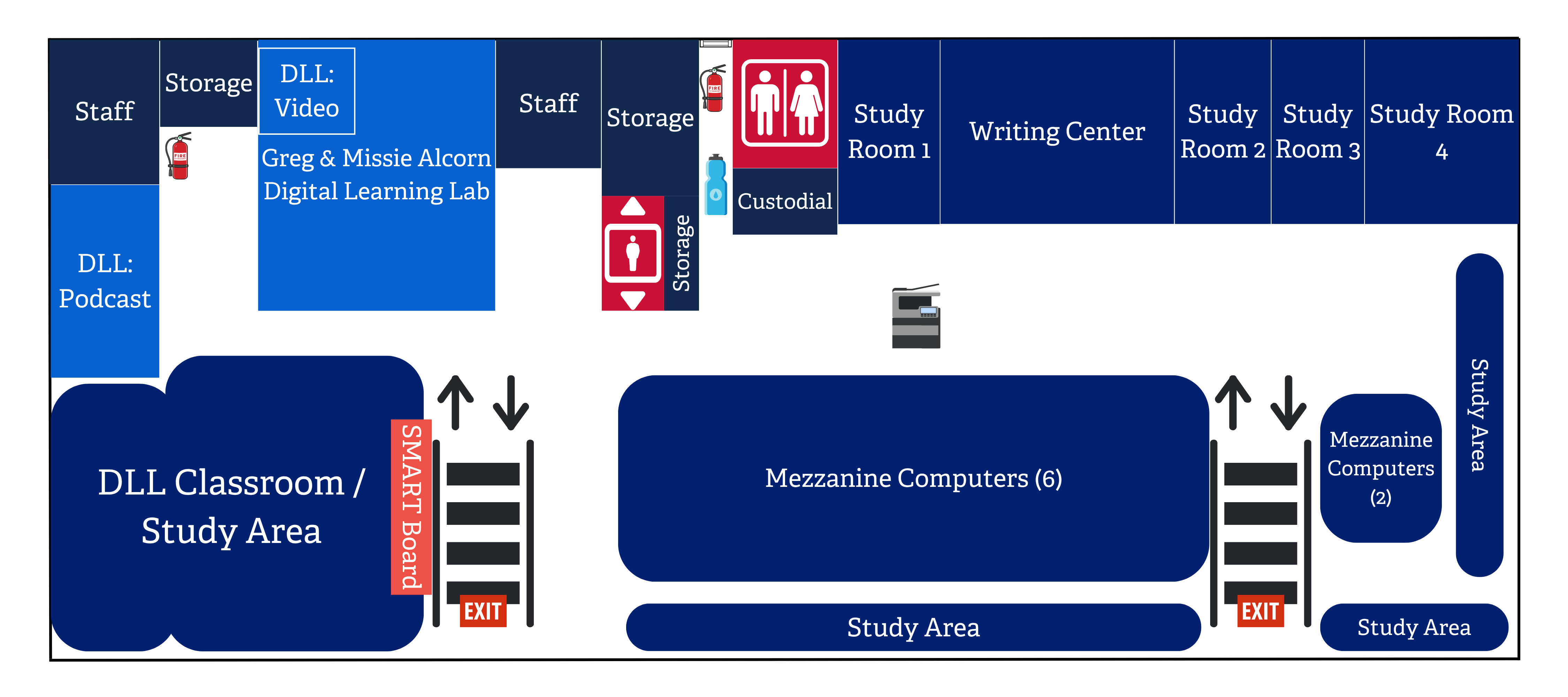 A map of the library mezzanine with various colors of blue and red.